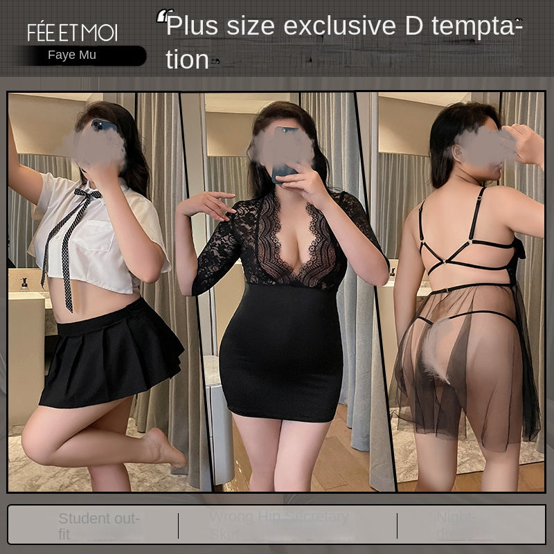 Plus-size combination sexy perspective underwear open file free uniform maid set silk stockings European and American passion