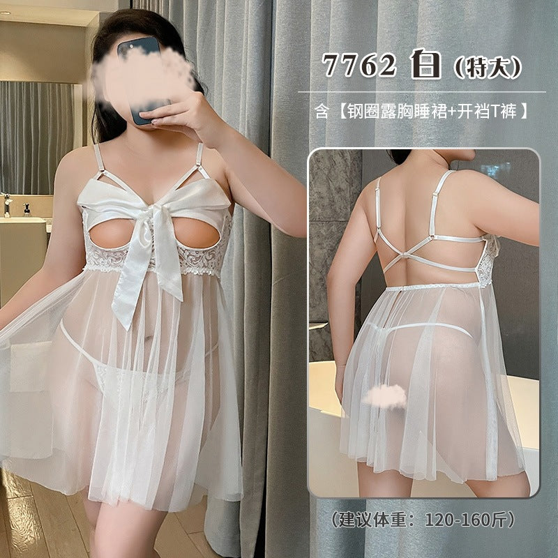 Plus-size combination sexy perspective underwear open file free uniform maid set silk stockings European and American passion