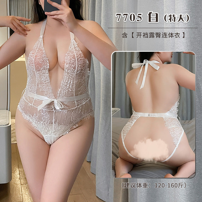 Plus-size combination sexy perspective underwear open file free uniform maid set silk stockings European and American passion