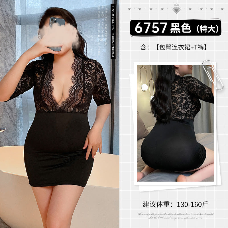 Plus-size combination sexy perspective underwear open file free uniform maid set silk stockings European and American passion